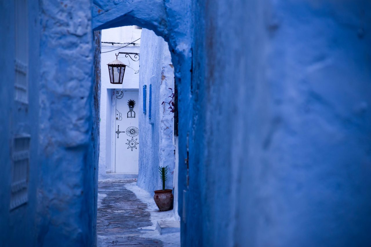 Hammamet Medina streets with blue walls. Tunis, north Africa.